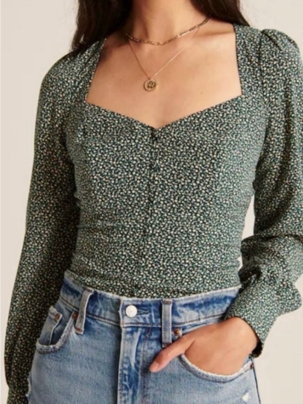 Abercrombie & Fitch Green Ditsy Floral Sweetheart Neckline Long Sleeve Top Med